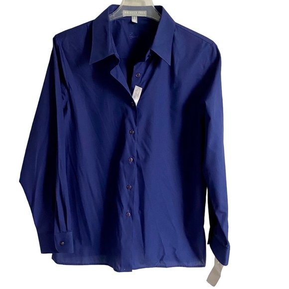 Foxcroft Tops - Foxcroft Wrinkle Free Classic Fit Button Up Top Navy Blue Women's Petite 16P NEW